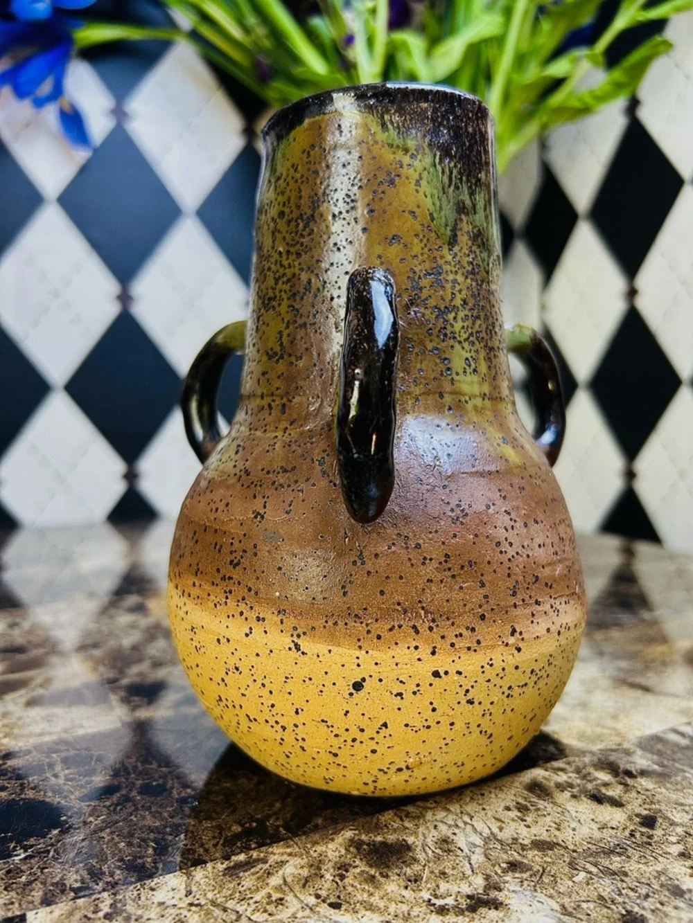 Triple Handle Studio Pottery Vase Signed Speckled Earth‎ Tone Rustic Green Beige
